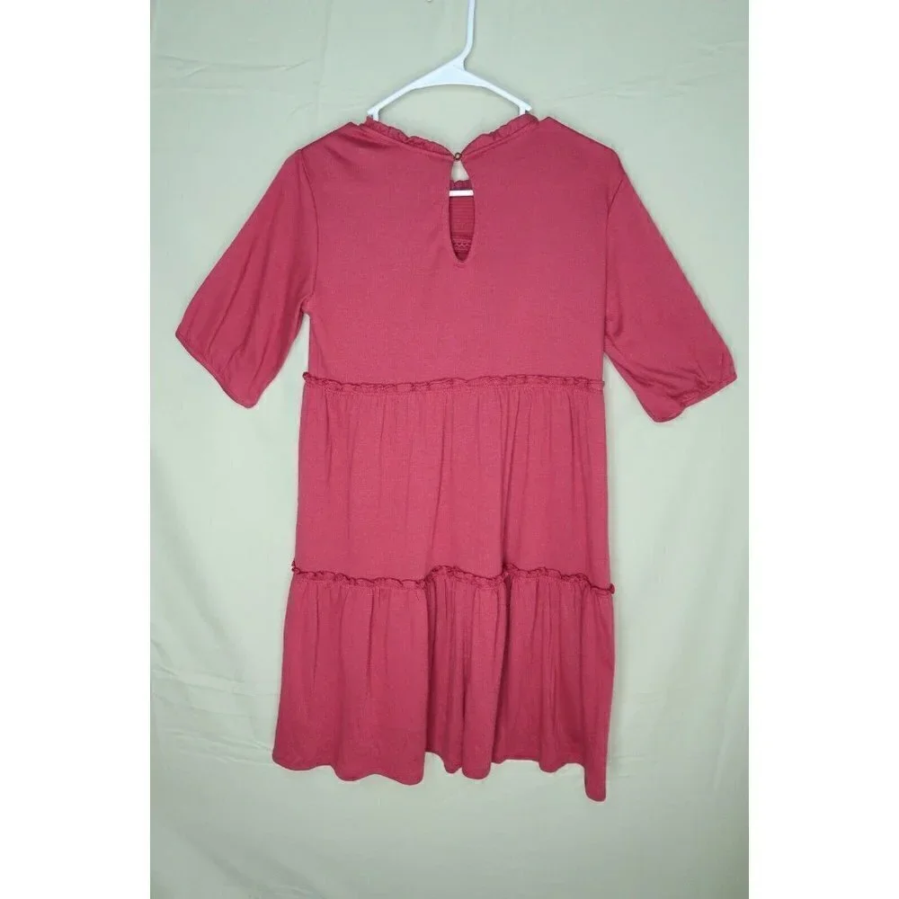Knox Rose Tiered Dress Ruffle Crinkle Short Sleeve Knee Length Red Women's XS